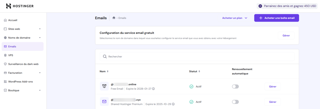 Section Emails de hPanel