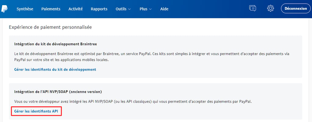 g&eacute;rer les identifiants api paypal