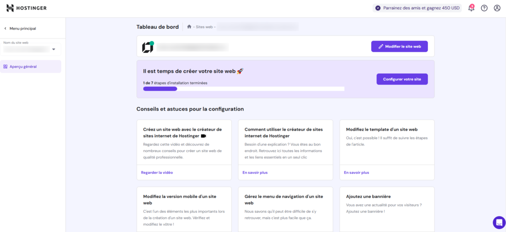 Tableau de bord d'un site du Créateur de site Web Hostinger