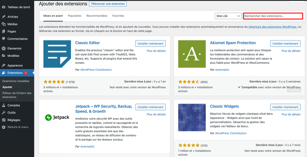 Page d'ajout de plugins sur WordPress