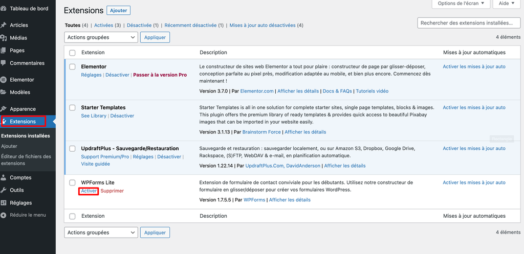 Capture d'&eacute;cran montrant comment activer un plugin pr&eacute;install&eacute;
