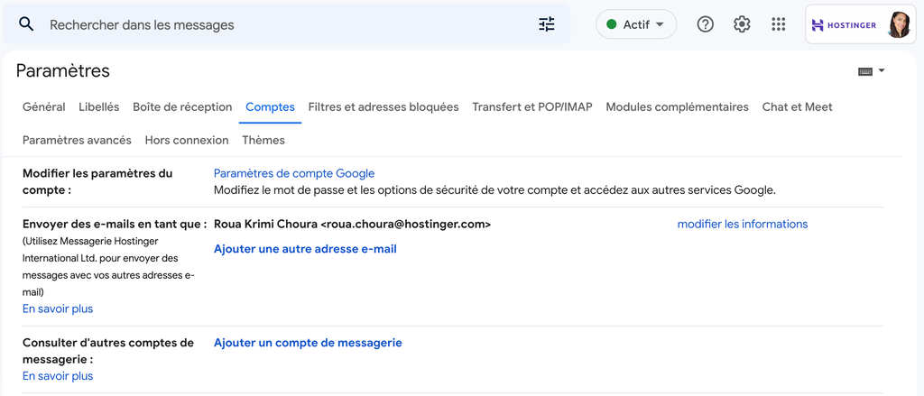 Onglet Comptes sous Param&egrave;tres Gmail