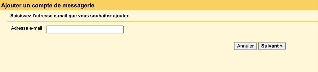 Fen&ecirc;tre d'enregistrement de l'adresse e-mail de Google SMTP
