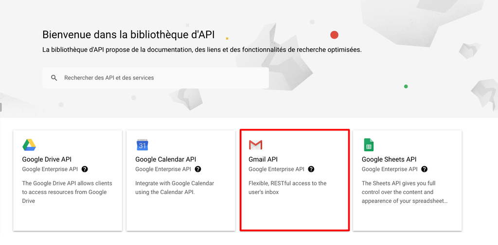 Gmail API dans la biblioth&egrave;que d'API