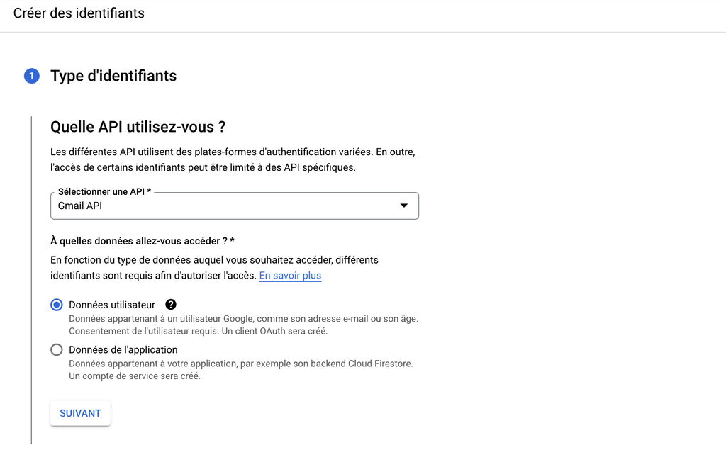 Ajout d'informations d'identification sur l'API Google