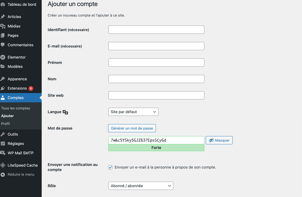 Ajouter un nouveau compte sur WordPress