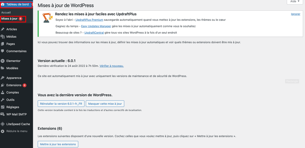 La page des mises &agrave; jour de WordPress dans le tableau de bord de l'administrateur