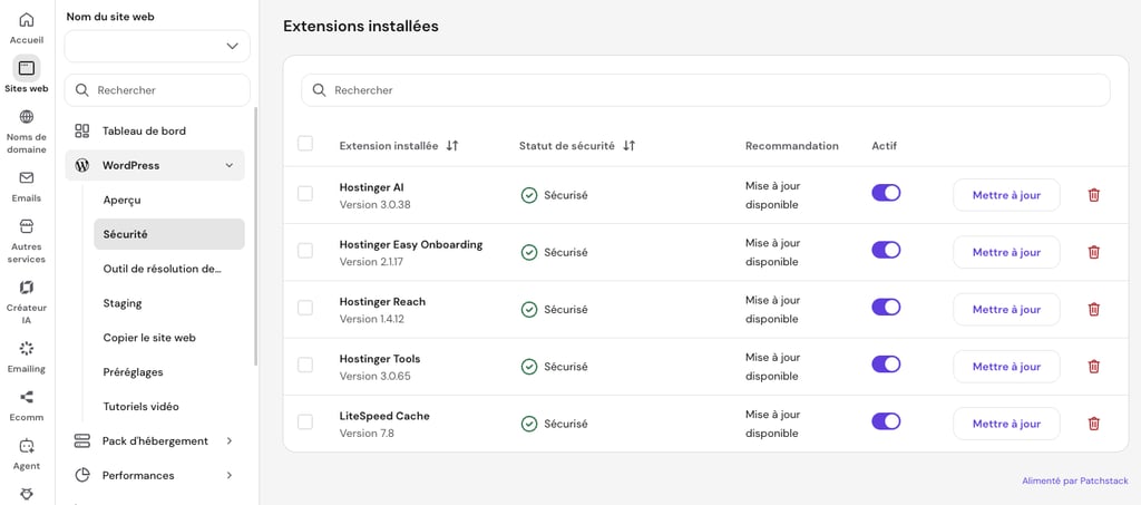La liste des extensions WordPress install&eacute;es sur le hPanel d'Hostinger