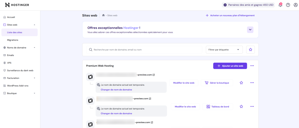 Écran de Sites Web du hPanel