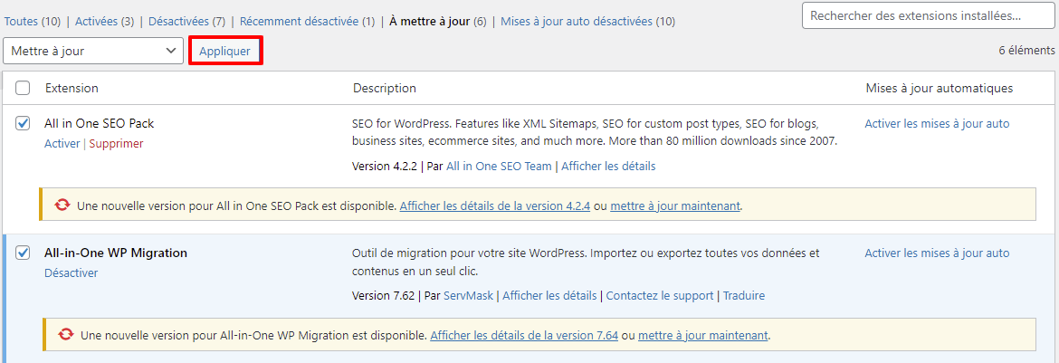 mettre &agrave; jour manuellement plusieurs extensions WordPress