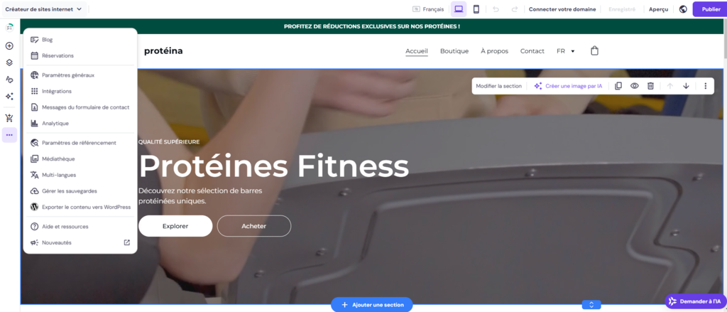 Paramètres du site web étendus dans le créateur