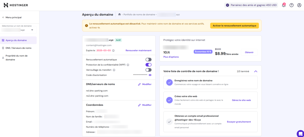 Aperçu du domaine pour un nom de domaine individuel
