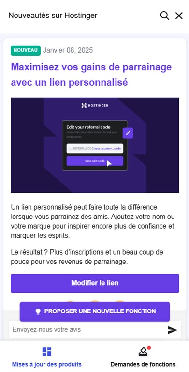 Section Nouveautés dans hPanel