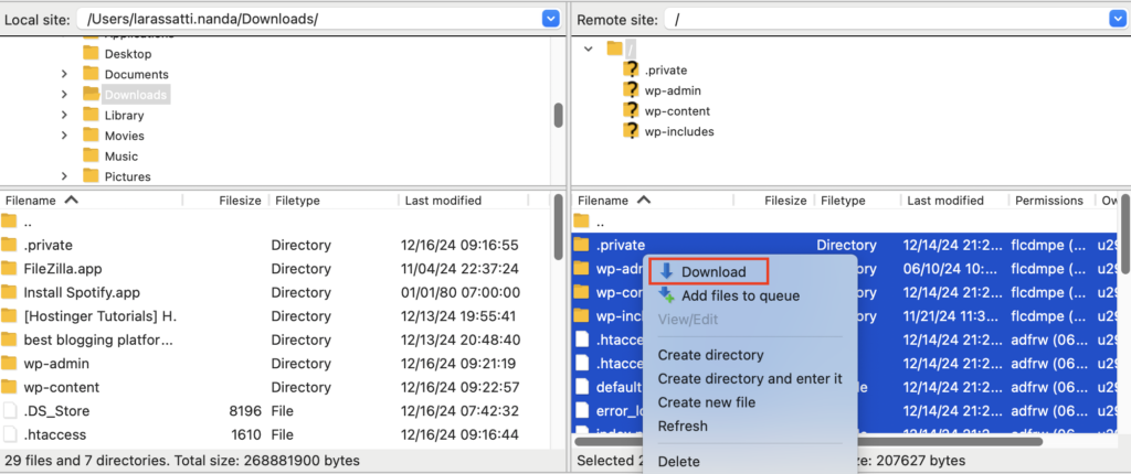L'option Télécharger dans le site distant de FileZilla.