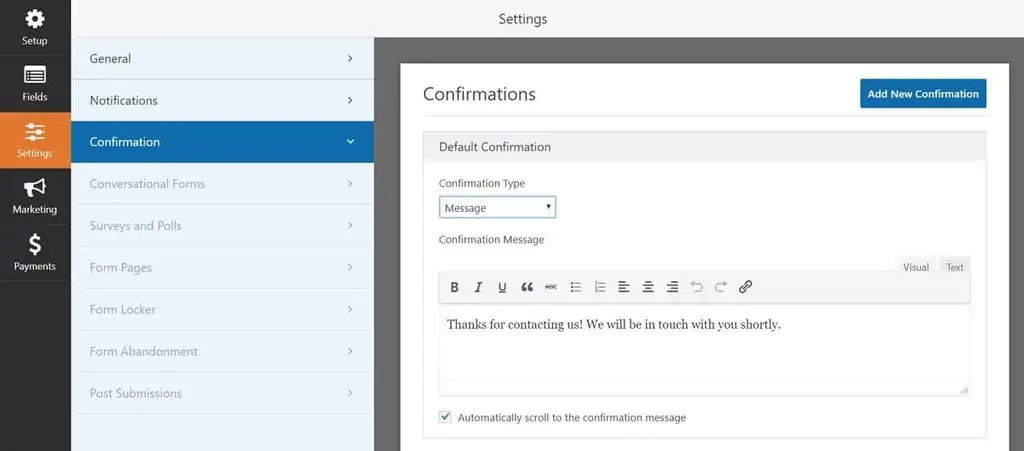 Param&egrave;tres de confirmation de Wpforms