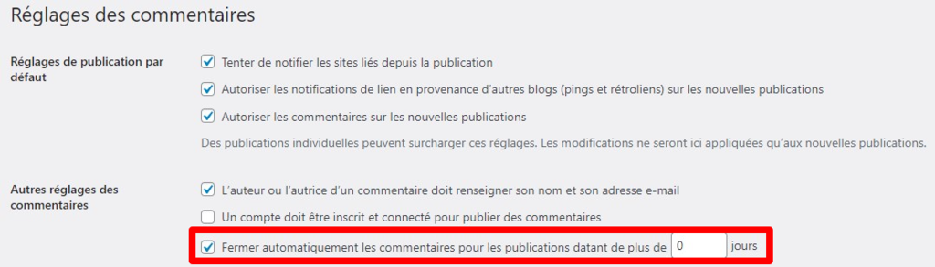 fermer automatiquement les commentaires pour toutes les publications 