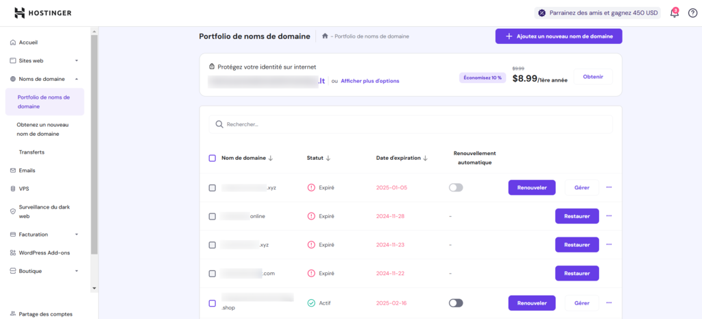 Section portfolio de noms de domaine
