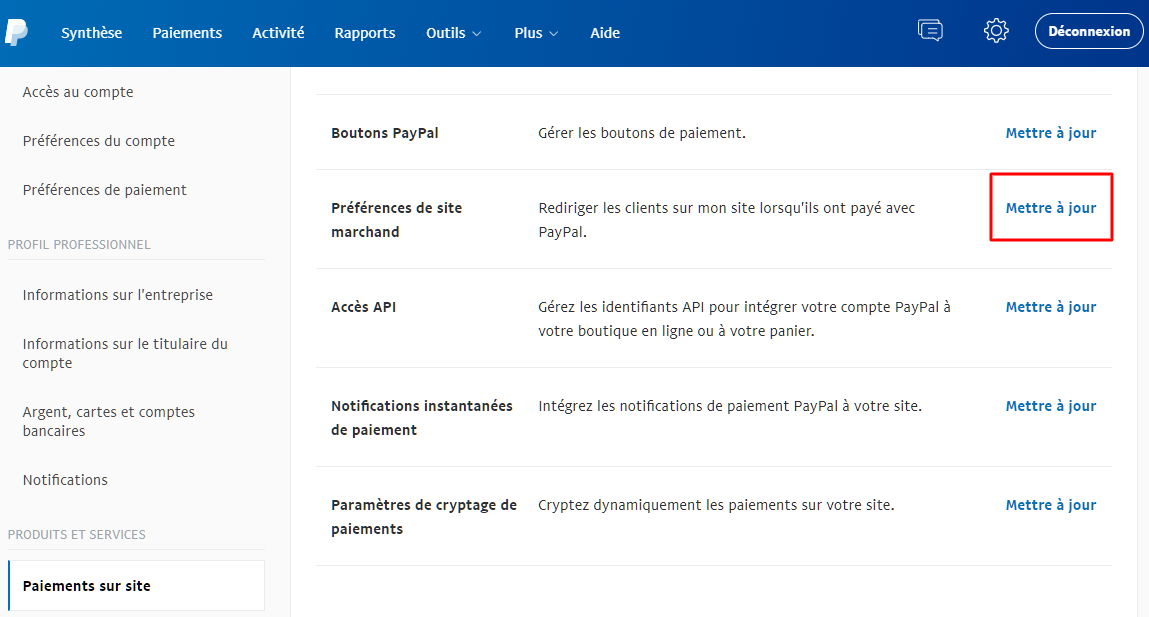 préférences de site marchand sur paypal