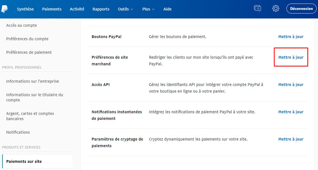 pr&eacute;f&eacute;rences de site marchand sur paypal