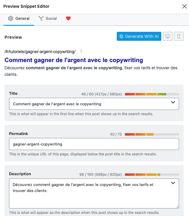 L'&eacute;diteur d'extraits d'aper&ccedil;u de Rank Math dans WordPress