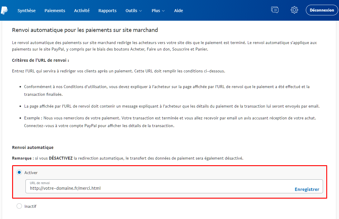 renvoi automatique pour les paiements sur site paypal