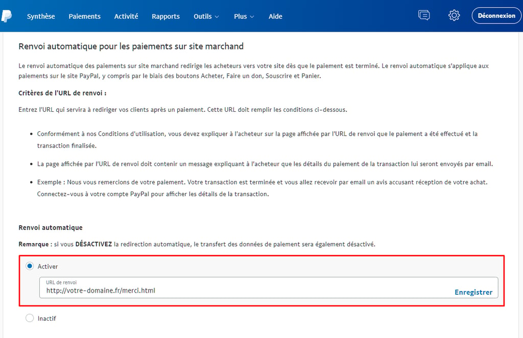 renvoi automatique pour les paiements sur site paypal