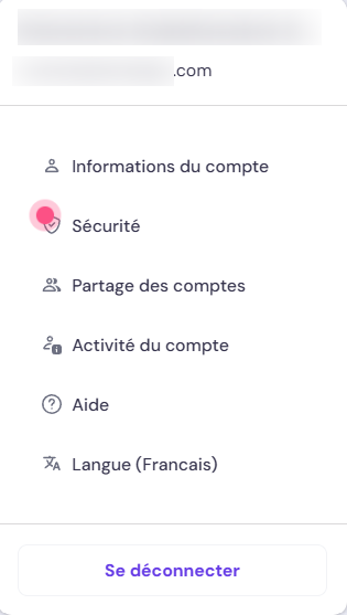 Menu des paramètres du compte