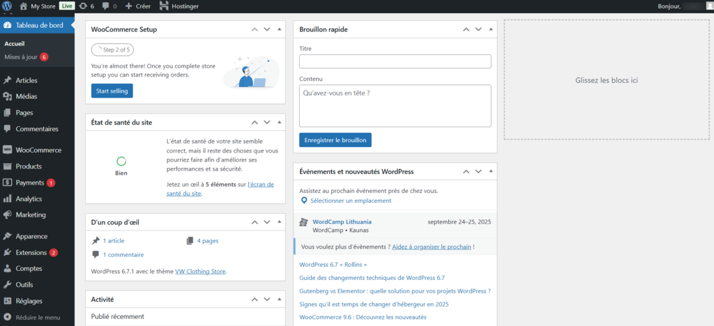 Tableau d'administration de WordPress
