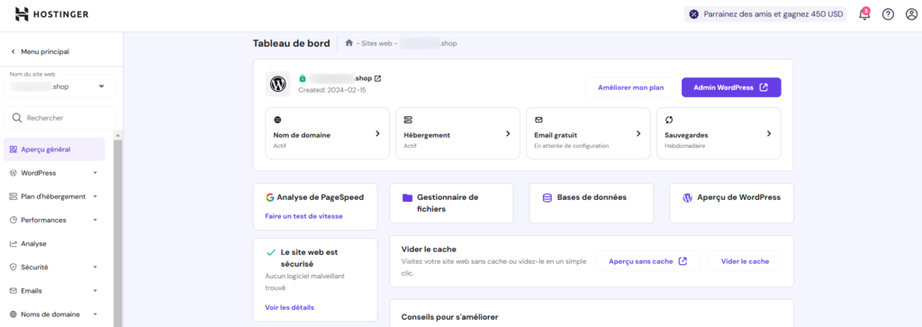 Tableau de bord WordPress hPanel