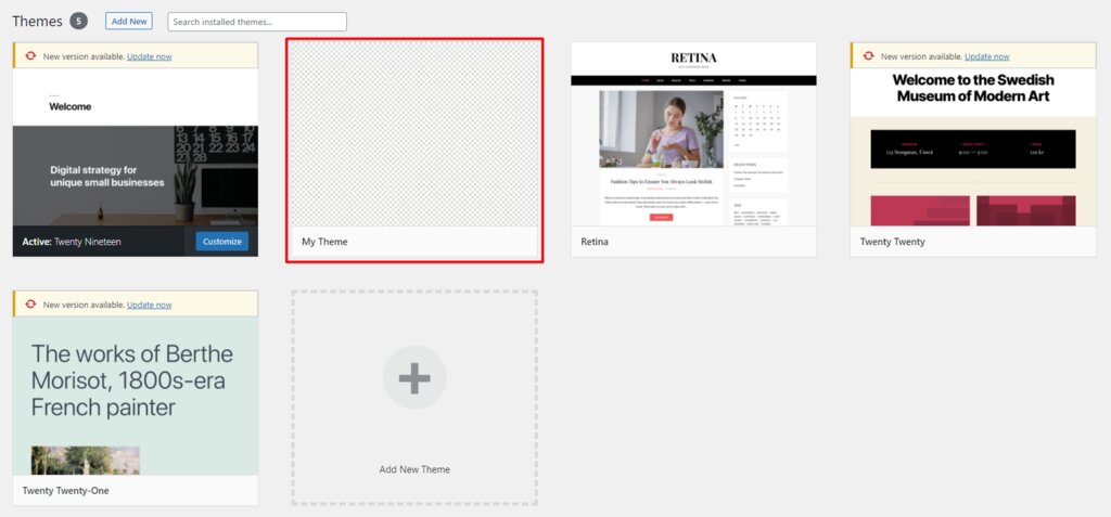 nouveau-thème-personnalisé Menu de sélection du thème du tableau de bord WordPress avec le nouveau thème personnalisé