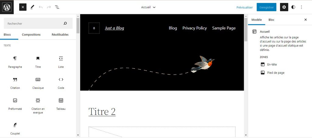 Interface de l'&eacute;diteur de site WordPress bas&eacute; sur des blocs.
