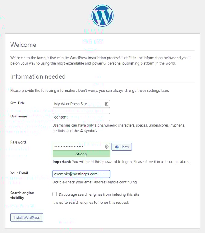 Le formulaire d'installation de WordPress