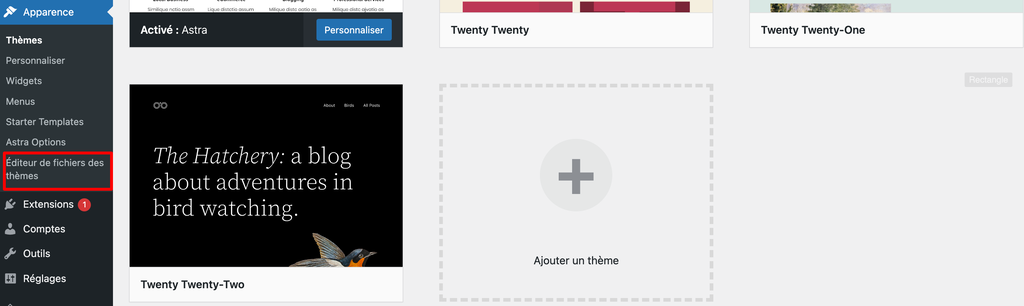 Capture d'écran du tableau de bord de WordPress montrant où se trouve l'éditeur de thème