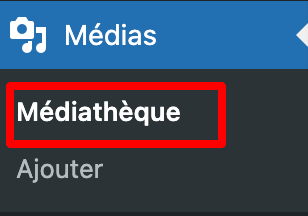 Capture d'&eacute;cran du m&eacute;dia WordPress montrant o&ugrave; se trouve la biblioth&egrave;que.