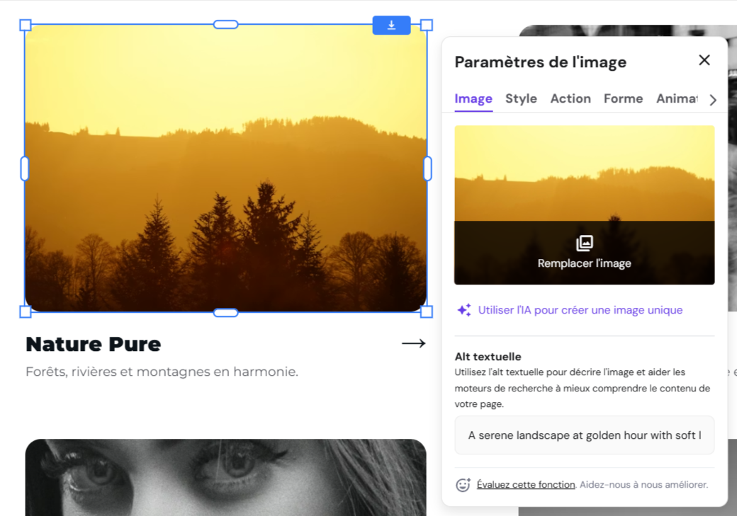 Les paramètres de l'image s'ouvrent dans l'éditeur de créateur de sites Hostinger