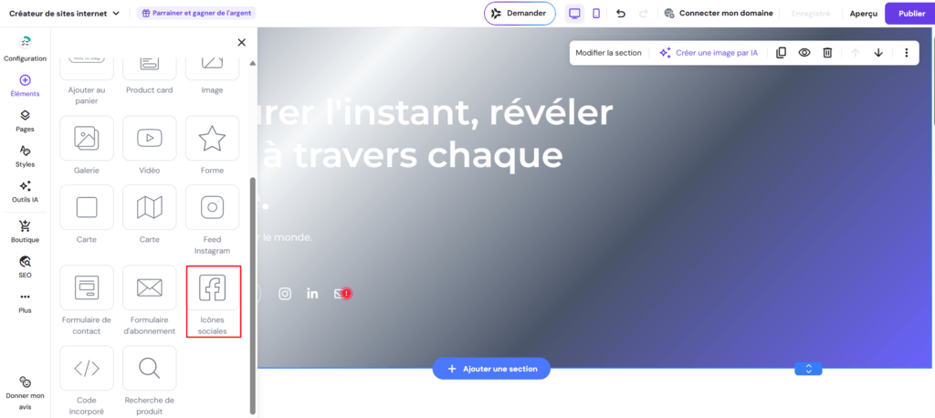 L'élément des icônes sociales est mis en évidence dans l'éditeur du créateur de sites Hostinger
