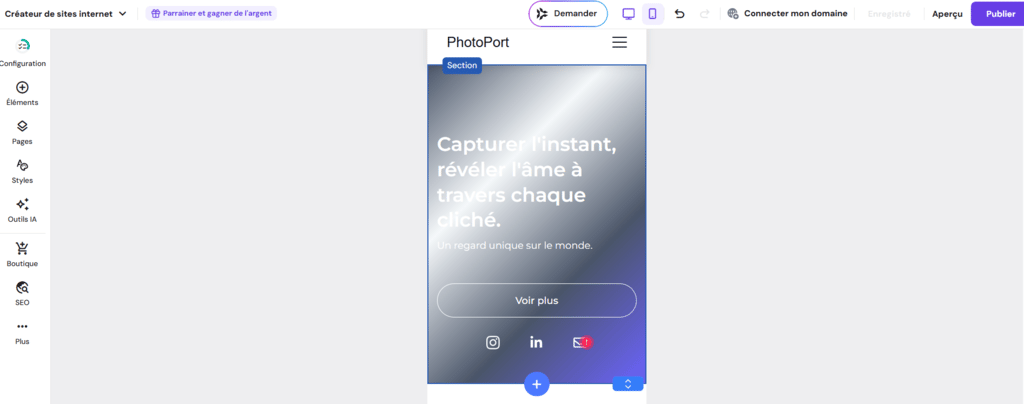 L'affichage mobile est activé dans le créateur de sites Hostinger