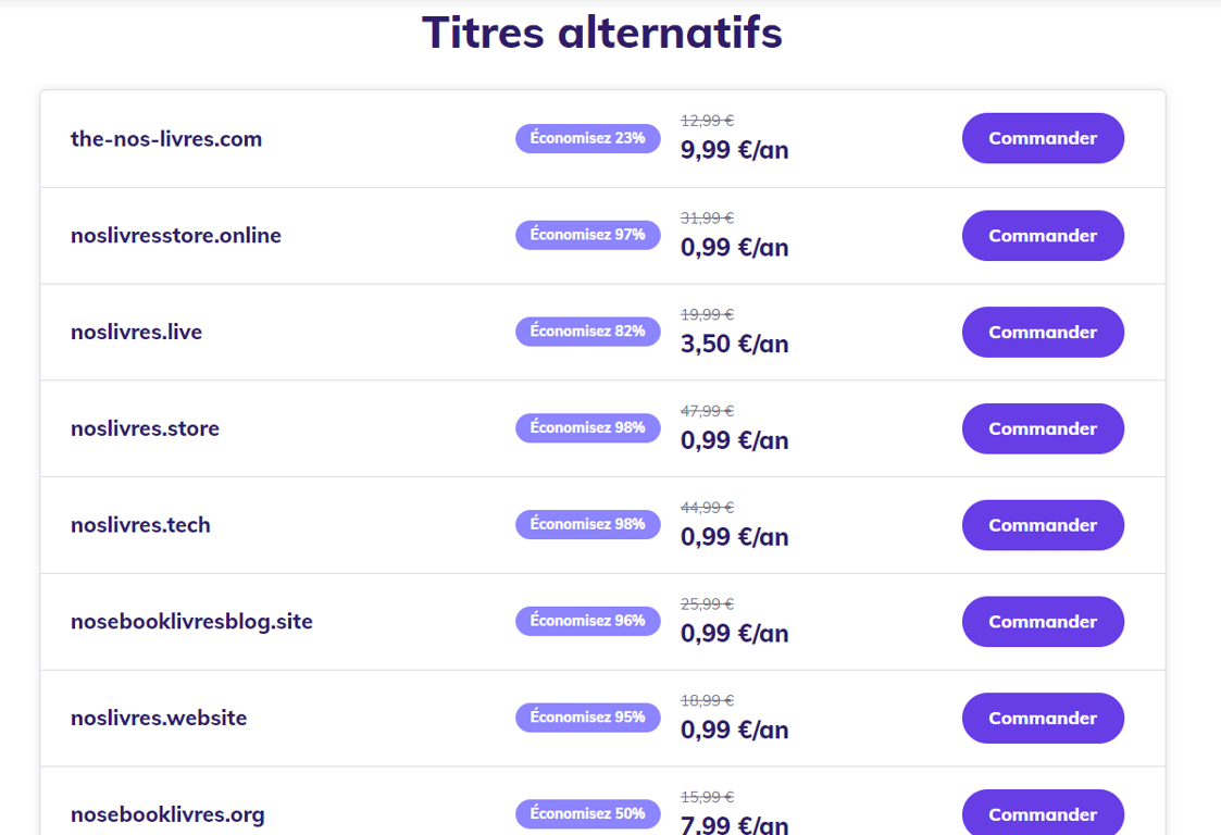 Variations de noms de domaine générées par Hostinger.