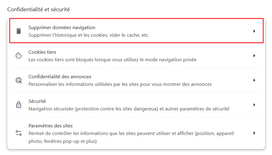 L'option Supprimer les données de navigation sous Confidentialité et sécurité dans les paramètres de Chrome