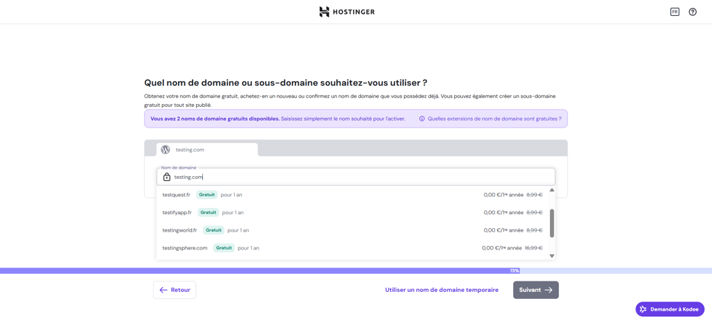 S&eacute;lection du domaine lors de l'int&eacute;gration &agrave; Hostinger