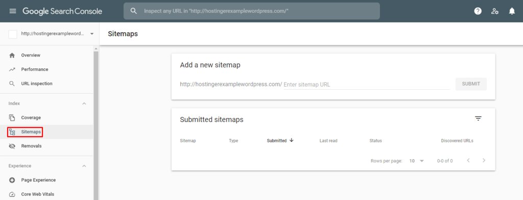 Capture d'&eacute;cran de Google Search Console montrant o&ugrave; ajouter un sitemap.