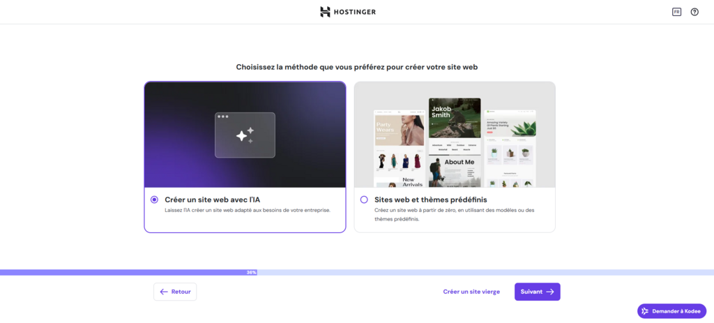Créer un site web avec l'option IA lors de l'intégration à Hostinger