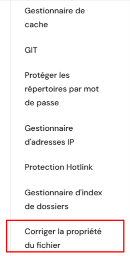 Corriger la propri&eacute;t&eacute; du fichier dans la section &laquo; Avanc&eacute; &raquo; de la barre lat&eacute;rale de hPanel