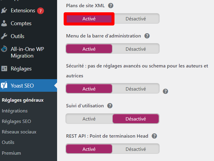 S&eacute;lectionner le bouton Activ&eacute; sous les plans de site XML