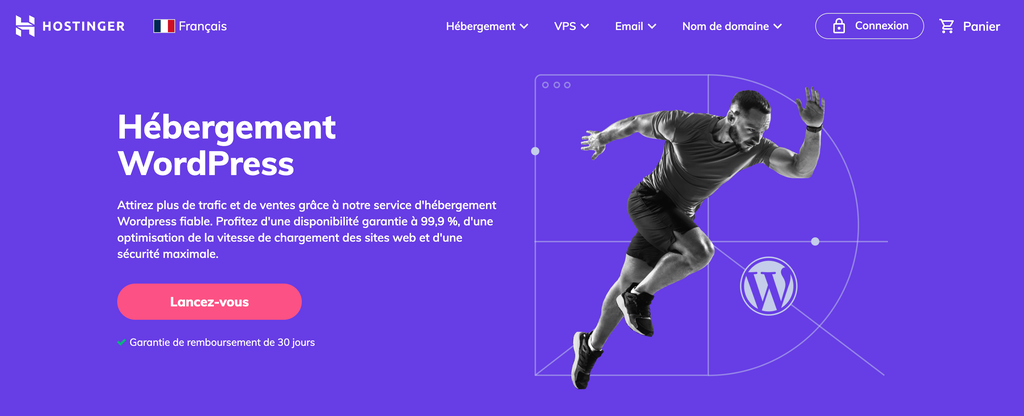 Page d'atterrissage de l'h&eacute;bergement WordPress de Hostinger 