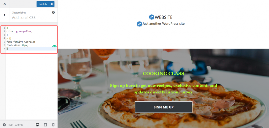 La landing page qui utilise des CSS supplémentaires pour modifier le type, la taille et la couleur de la police.