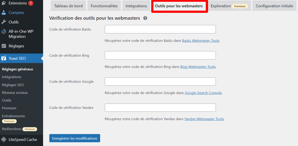 Outils-pour-les-webmasters-yoast l'onglet Outils pour les Webmasters dans les réglages généraux du plugin Yoast SEO