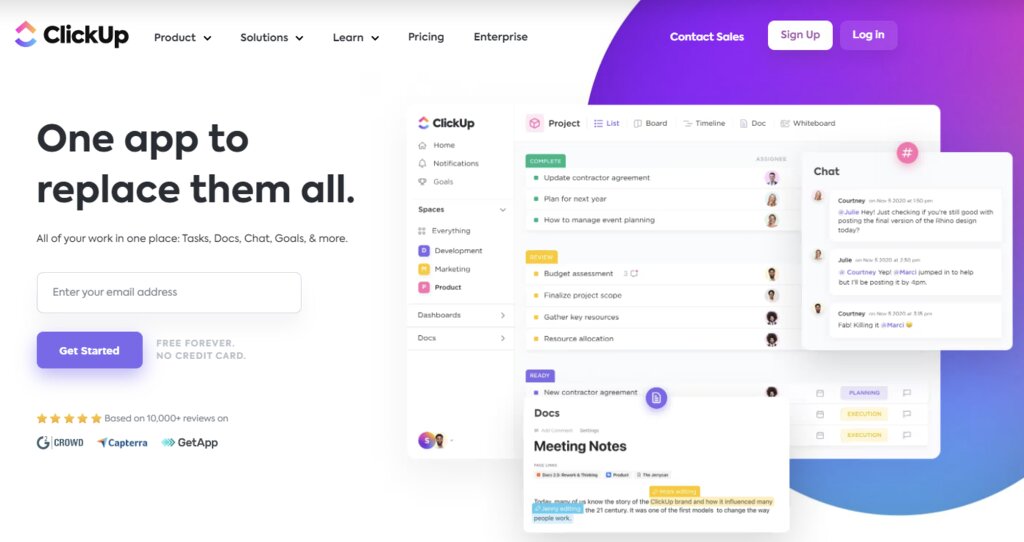 La page d'accueil de ClickUp, un outil collaboratif en ligne de gestion de projet