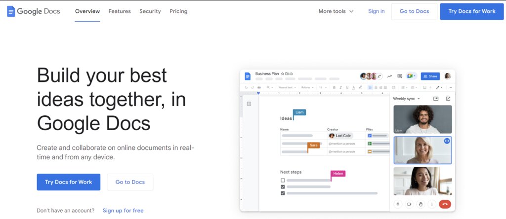 La page d'accueil de Google Docs, une plateforme de collaboration documentaire