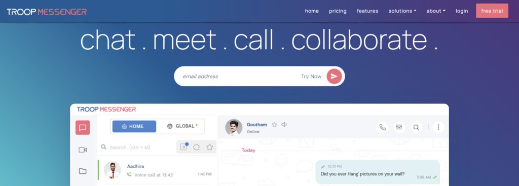 La page d'accueil de Troop Messenger, un outil de travail collaboratif en ligne 